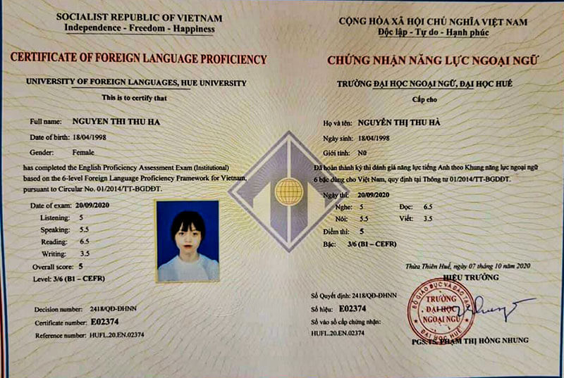Mẫu bằng tiếng anh B1 Đại học ngoại ngữ - ĐH Huế