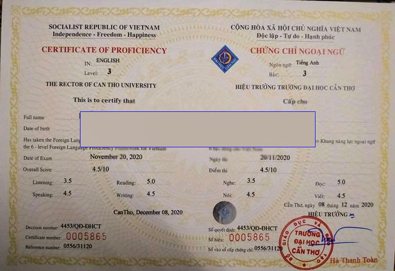 Mẫu chứng chỉ tiếng anh B1 - ĐH Cần Thơ