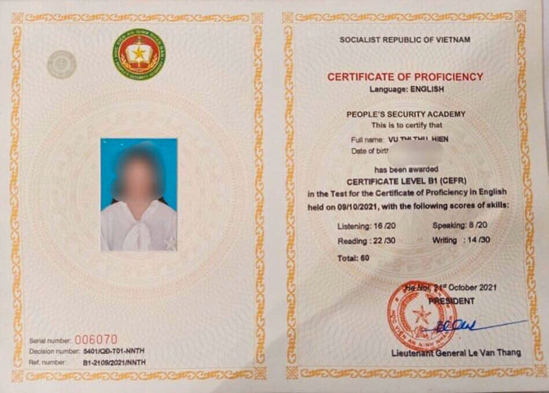 Mãu chứng chỉ B1 - Học Viện An Ninh Nhân Dân