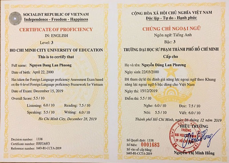 Hình ảnh mẫu chứng chỉ tiếng anh B1 của các trường đại học