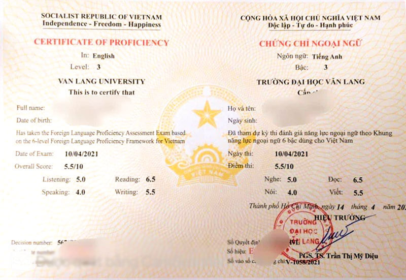 Mẫu chứng chỉ tiếng anh B1 - ĐH Văn Lang