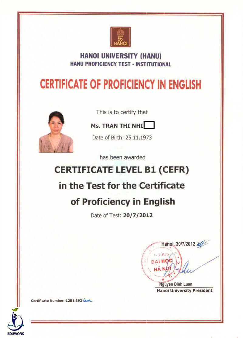 Mẫu chứng chỉ tiếng anh B1 - Đại học Hà Nội