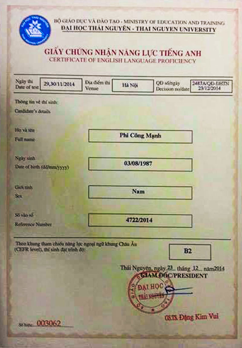 Hình ảnh chứng chỉ tiếng anh B2 đại học Thái Nguyên