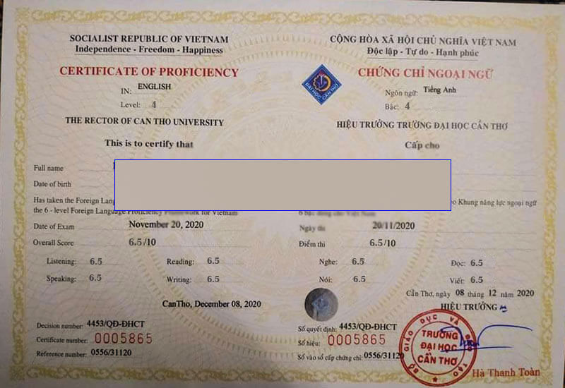 Hình ảnh chứng chỉ tiếng anh B2 Đại học Cần Thơ