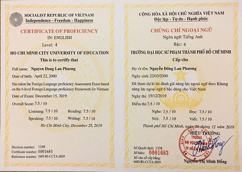 Hình ảnh chứng chỉ tiếng anh B2 Đại học sư phạm Tp. Hồ Chí Minh