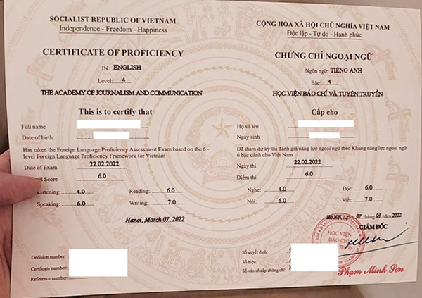 Mẫu chứng chỉ tiếng anh B2 Học viện Báo chí Tuyên truyền