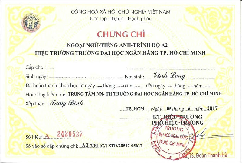 Chứng chỉ tiếng anh A2 đại học ngân hàng Tp. Hồ Chí Minh