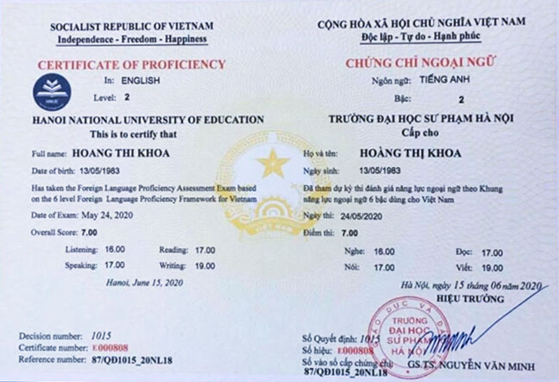 Chứng chỉ tiếng anh A2 Đại học Sư phạm Hà Nội