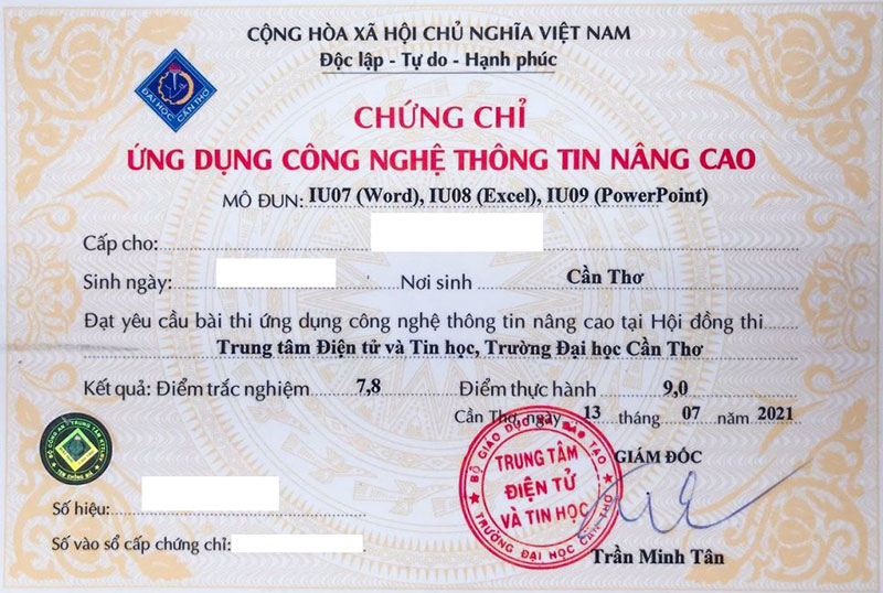 Hình ảnh mẫu chứng chỉ tin học Đại học Cần Thơ