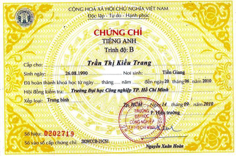 Hình ảnh mẫu chứng chỉ tiếng anh B