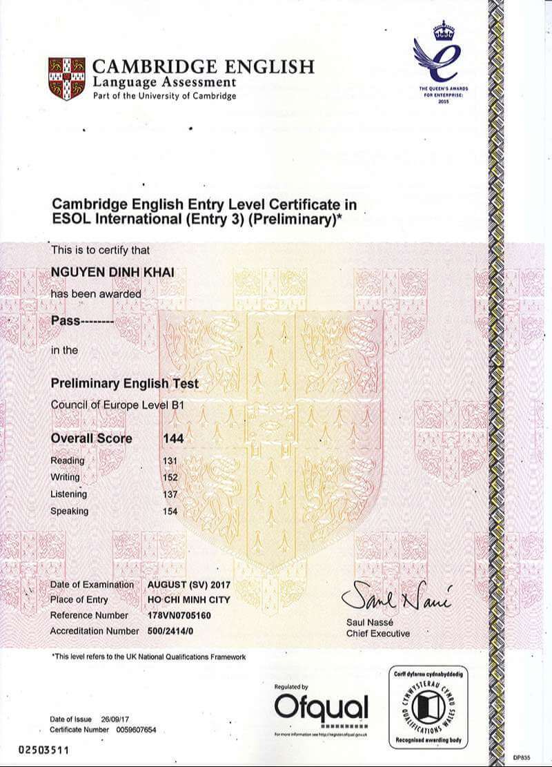 Địa điểm thi chứng chỉ tiếng anh Cambridge B1 Preliminary