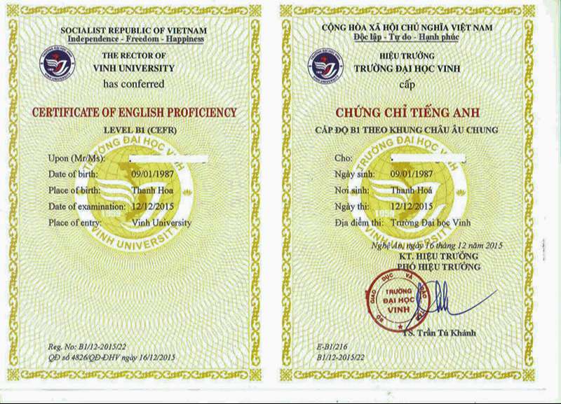 Mẫu bằng tiếng anh B1 - Đại học Vinh