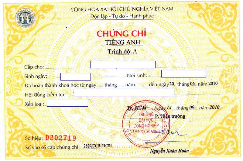 Ảnh mẫu chứng chỉ tiếng anh A