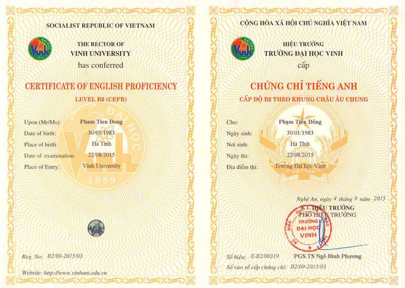 Hình ảnh bằng tiếng anh B2 đại học Vinh