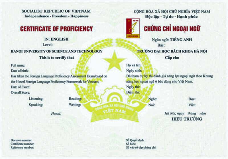 Mẫu chứng chỉ tiếng anh B1 Đại học Bách khoa Hà Nội