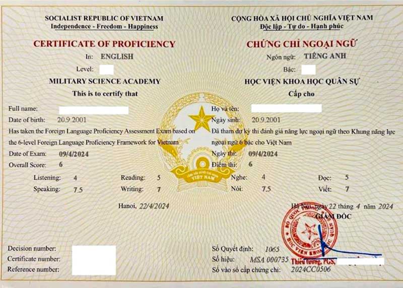 Mẫu chứng chỉ tiếng anh B1 Học viện Khoa học Quân sự