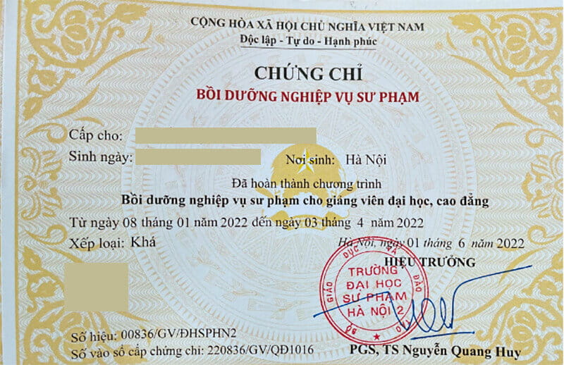 Chứng chỉ nghiệp vụ sư phạm giảng viên cao đẳng đại học