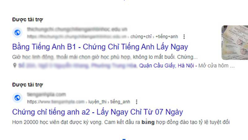 Quảng cáo mua bán chứng chỉ tiếng anh B1, B2 được thực hiện công khai